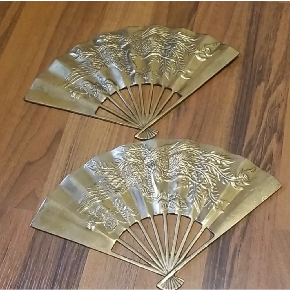 Brass Chinoiserie Asian Art Fans with Peacock